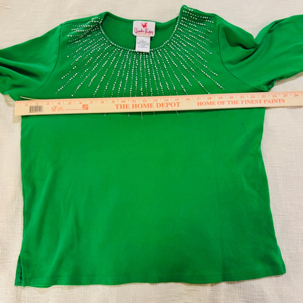 Quacker Factory Vibrant Green Long Sleeve w/ Starburst Top Women’s Large Cotton - Picture 7 of 10